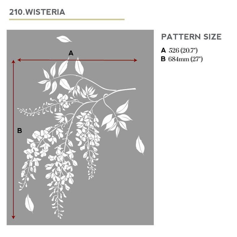Pu&ograve; includere: Una silhouette bianca di una vite di glicine con fiori e foglie su uno sfondo grigio. La dimensione del motivo &egrave; di 526 mm di larghezza e 684 mm di altezza.