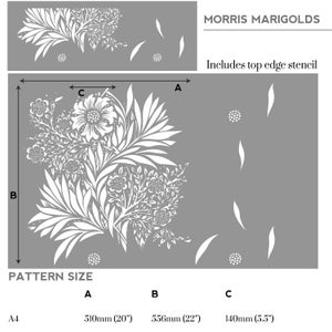 May include: A stencil design featuring a white floral pattern with leaves and small flowers. The stencil is labeled "Morris Marigolds" and includes a top edge stencil. The pattern size is 20 inches by 22 inches, with a smaller stencil measuring 5.5 inches.