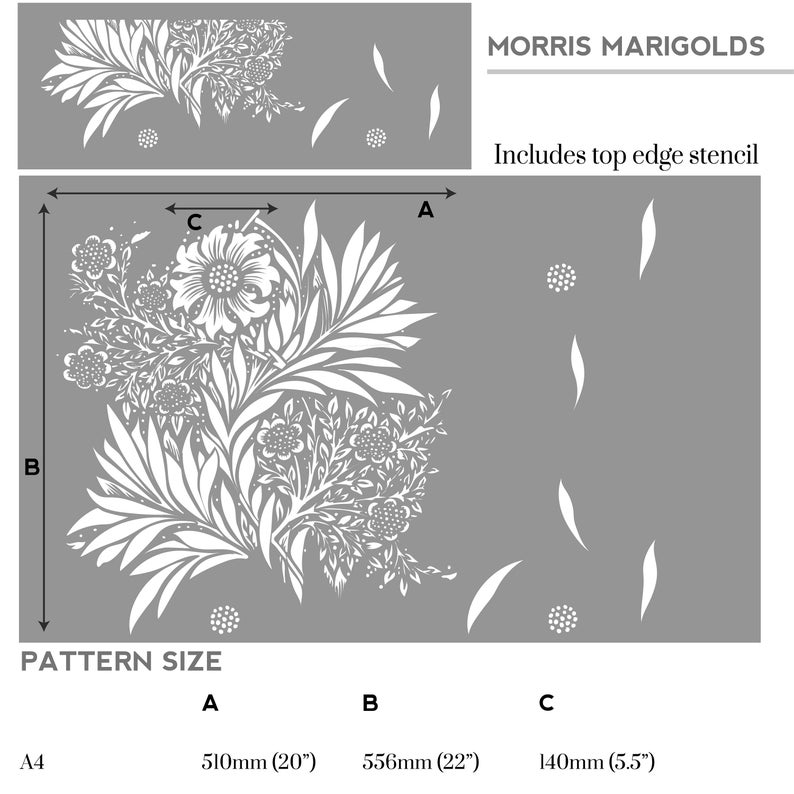 May include: A stencil design featuring a white floral pattern with leaves and small flowers. The stencil is labeled "Morris Marigolds" and includes a top edge stencil. The pattern size is 20 inches by 22 inches, with a smaller stencil measuring 5.5 inches.