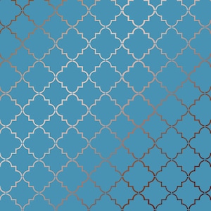 May include: A seamless pattern featuring a geometric design of interlocking quatrefoils. The pattern is in shades of silver and brown on a blue background.