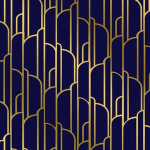 Peut inclure: Un motif géométrique sans couture avec des lignes courbes superposées en or sur un fond bleu foncé.
