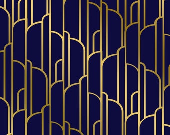 Pode incluir: Um padrão sem costura com um design geométrico que apresenta linhas curvas sobrepostas em dourado sobre um fundo azul escuro.