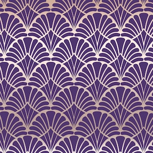 May include: A seamless pattern with a repeating design of overlapping, stylized, fan-shaped elements. The pattern is in shades of purple and gold.