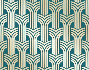 Pode incluir: Um padrão sem costura com um design geométrico. O padrão apresenta linhas douradas sobre um fundo azul-esverdeado. As linhas criam uma série de arcos e curvas sobrepostos.