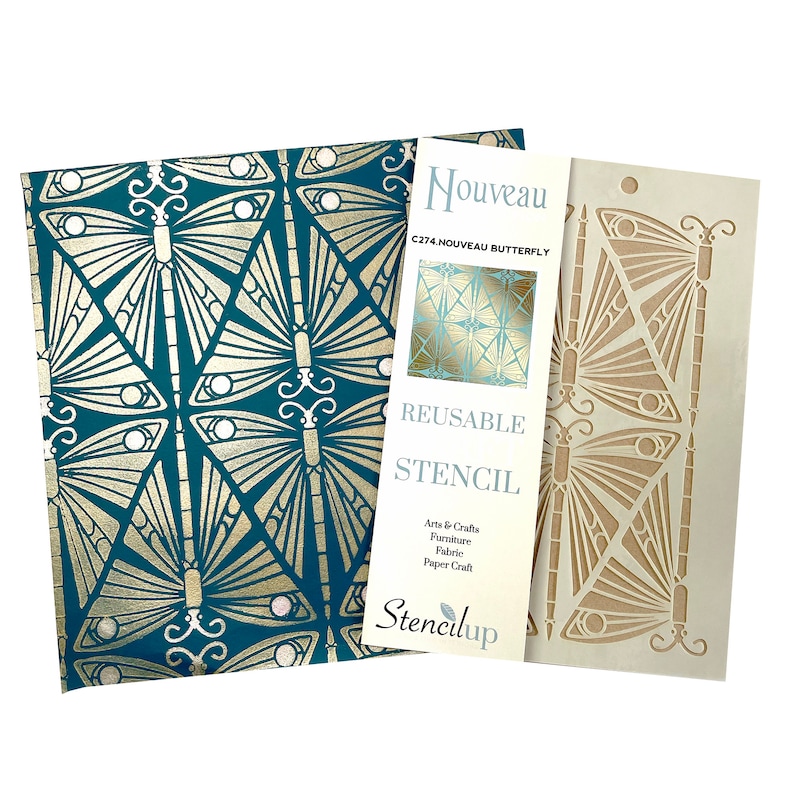 May include: A teal and gold butterfly pattern on a sheet of paper, a stencil, and a label that reads "Nouveau Butterfly" and "Reusable Stencil". The stencil is beige and features a butterfly design. The label also lists "Arts & Crafts, Furniture, Fabric, Paper Craft".