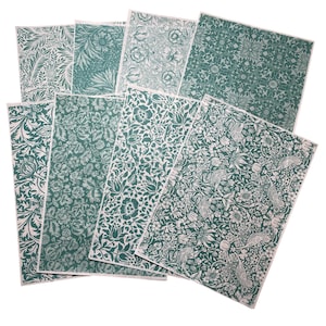 Collection Papier de riz William Morris. 8 modèles individuels sur du papier de riz 35 g de haute qualité pour des projets de découpage et de techniques mixtes WMRICE01