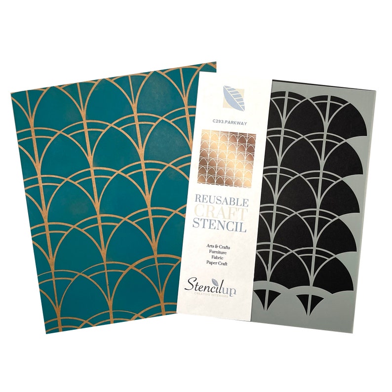 May include: Reusable craft stencil with a geometric pattern of overlapping arches. The stencil is black and is shown on a gray background. The stencil is labeled "Reusable Craft Stencil" and "StenciLup Creative Stencils".