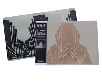 May include: Reusable Art Deco stencil with a design of a stylized building with geometric shapes. The stencil is made of a beige material and is packaged with a black and white stencil sheet. The packaging includes the text "Reusable Art Deco Stencil" and "Gatsby Glitz".
