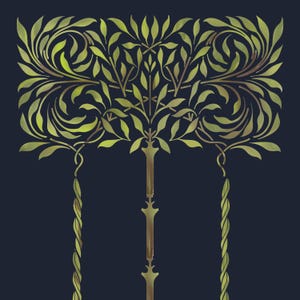 Könnte beinhalten: Ein Schablonendesign mit einem symmetrischen Muster aus stilisierten grünen Blättern und Zweigen vor einem dunkelblauen Hintergrund. Der zentrale vertikale Stiel erstreckt sich nach oben zu einem Blätterdach, flankiert von zwei gewundenen Säulen.