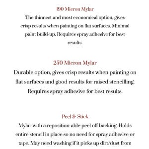 Pu&ograve; includere: Testo su sfondo bianco che descrive le opzioni dei materiali per stencil. Le opzioni includono 190 Micron Mylar, 250 Micron Mylar e Peel & Stick. Vengono descritte le caratteristiche di ogni opzione, come l'adesivo spray o il supporto riposizionabile.