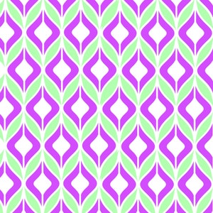 Puede incluir: Un patrón sin costuras con un diseño geométrico repetitivo. El patrón presenta formas de diamante alternas de color verde claro y morado con bordes redondeados.