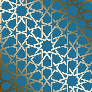 May include: A seamless pattern with a geometric design featuring gold stars on a teal blue background.