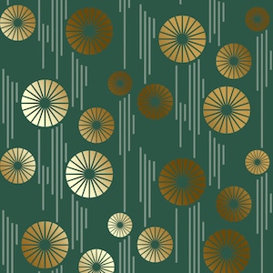 Peut inclure: Un motif sans couture avec des cercles dorés et bruns sur un fond vert sarcelle. Les cercles ont un motif en forme de soleil et sont disposés de manière aléatoire.