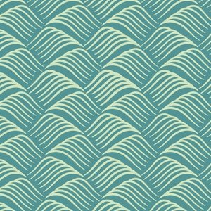 May include: Seamless pattern of light green wavy lines on a teal blue background. The lines create a repeating pattern of hills or waves.