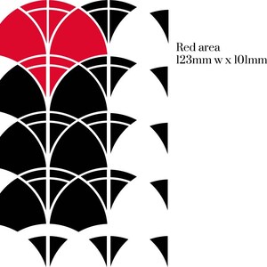 May include: Black and white geometric pattern with a red area in the top left corner. The red area is labeled "Red area 123mm w x 101mm h".