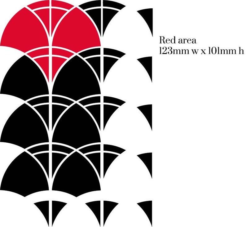 May include: Black and white geometric pattern with a red area in the top left corner. The red area is labeled "Red area 123mm w x 101mm h".