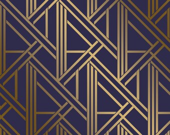May include: Geometric art deco pattern in gold on a dark blue background. The design features intersecting lines and shapes, creating a repeating pattern. The gold lines have a metallic sheen, and the overall effect is elegant and stylish.