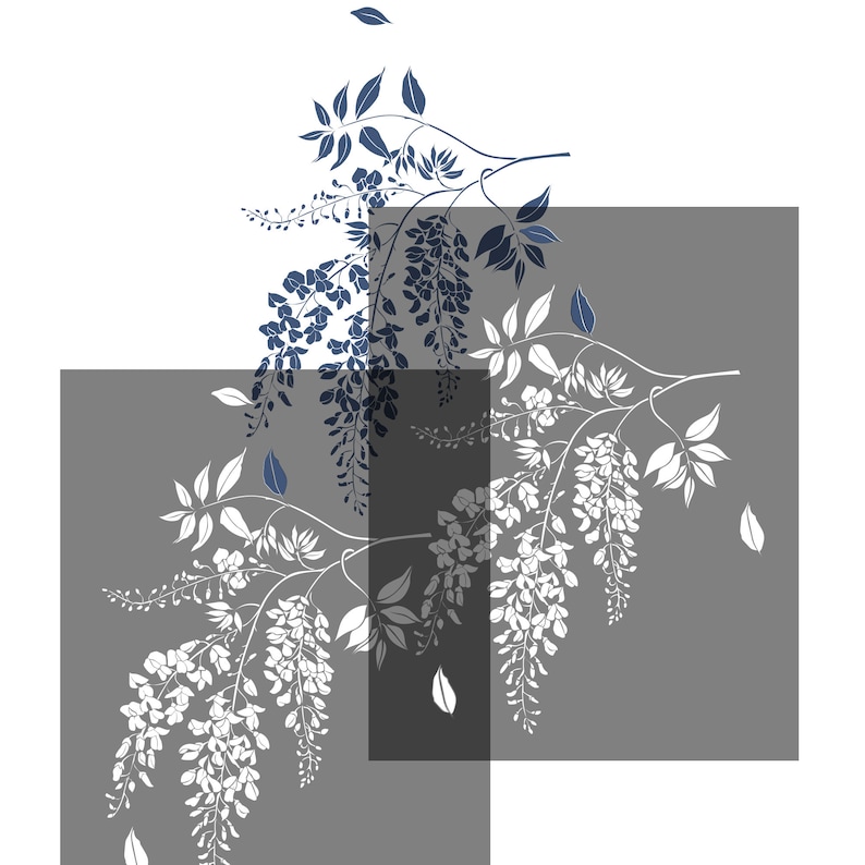 Pu&ograve; includere: Un disegno floreale bianco e blu su sfondo grigio. Il disegno presenta un ramo di fiori di glicine con foglie.