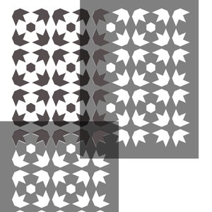 Pu&ograve; includere: Stencil a motivi geometrici con forme ripetute di esagoni e frecce in tonalit&agrave; di grigio e bianco. Il design &egrave; stratificato con una sovrapposizione trasparente, creando un effetto visivo.