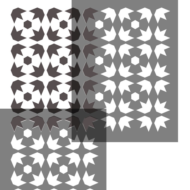 Pu&ograve; includere: Stencil a motivi geometrici con forme ripetute di esagoni e frecce in tonalit&agrave; di grigio e bianco. Il design &egrave; stratificato con una sovrapposizione trasparente, creando un effetto visivo.