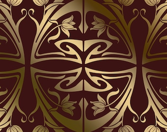 May include: A seamless pattern with a repeating design of stylized flowers and leaves in gold on a dark red background. The pattern is symmetrical and has a vintage art nouveau style.