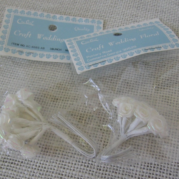 Miniature White and Iridescent Satin Ribbon Rose Stems, Lot of 24, 3 Inch Long, Doll Flowers, NotOnlyButtons