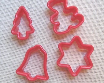 4 Small Size Christmas Cookie Cutters, 1" to 2"Red Plastic, Bell, Star, Bear, Tree, Baking Tool, Kitchen Gift for Baker, NotOnlyButtons