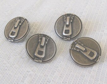 4 Vintage Silver Toned 5/8 Inch Zipper Pull Buttons, Round Metal with Shank, Cute Kids Clothing Novelty Button Trim, NotOnlyButtons
