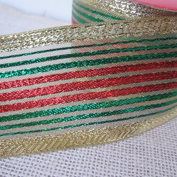 Wired Edge Christmas Ribbon 2 1/2 Inch Wide 9 1/2 Yards Long, Red Green Gold Stripes, Metallic Nylon, Crafting Bows, NotOnlyButtons