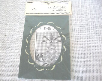 Hand Painted Folk Art Photo Mat, 5x7 Rectangle with Oval Opening, Pineapple Cross Stitch Pattern, NotOnlyButtons