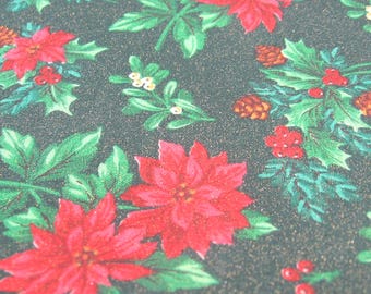 Glittered Poinsettia Fabric Remnants, 2 pieces, Red, Green, Gold - 1/2 Yard each, Cotton, NotOnlyButtons