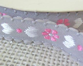 Gray Scalloped Ribbon with Pink Flowers and White Hearts, 3 3/4 Yards, 1/2 Inch Wide, Little Girl Clothing, Valentine's Day, NotOnlyButtons
