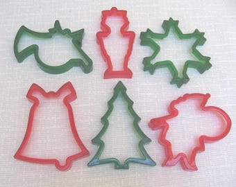 6 Christmas Cookie Cutters, Red & Green Hard Plastic, Baking Tool Gadget Gift for Baker, NotOnlyButtons