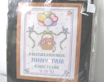 Birth Announcement Cross Stitch Kit, New  Sealed, Vintage 1993, Janlynn Corp., A Blessing from Above, 11 ct Aida, NotOnlyButtons