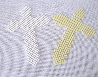 Lot of 7 Plastic Mesh 7 Point Canvas Crosses, 4 1/8 by 6 Inches, Easter DIY, White Yellow and Clear, NotOnlyButtons