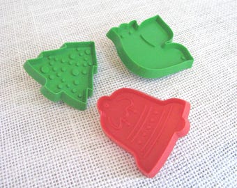 3 Small Size Christmas Cookie Cutters, Plastic Imprint Tool, Vintage Hallmark Cards, Bell Tree Dove, Baking Gift for Baker, NotOnlyButtons