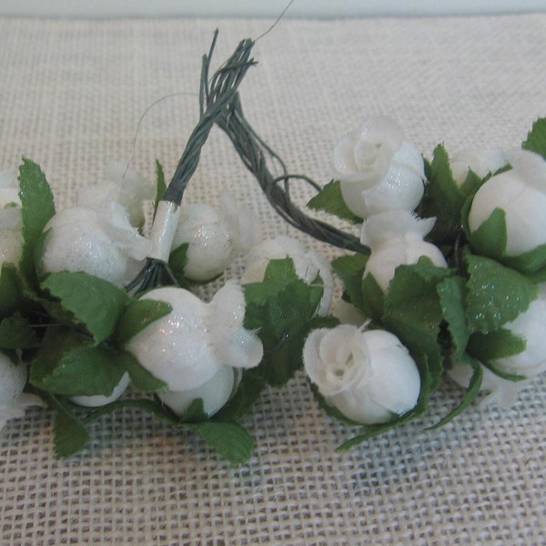 24 White Fabric 3/4 Inch Rose Bud Flower Stems, Fabric Flower, Green Fabric Leaves Wired Stems, Floral Arranging Corsage, NotOnlyButtons