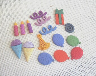 16 Plastic Cabochons or Embellishments, Party Celebration Theme, Party Hat Gift Balloons Candles, Flat Backs, NotOnlyButtons