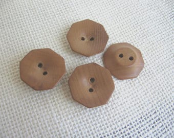 4 Octagon Wood Buttons, Light Brown Concave Cup Shape, 1 1/16 Inch, 2 Hole Sewing Notion, NotOnlyButtons