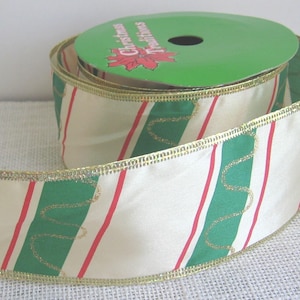Wired Edge Christmas Ribbon, 2 1/2 Inch Wide, 5 2/3 Yards Long, Red Green Stripes Gold Glittered Squiggles, NotOnlyButtons