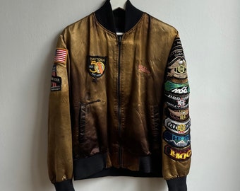 One of a Kind Upcycled Distressed Satin Bomber Jacket Size Small