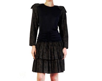 80s Vintage Black & Brown Paisley Dress Size Small