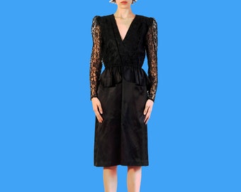 80s Black Widow Peplum Lace Dress Size Small