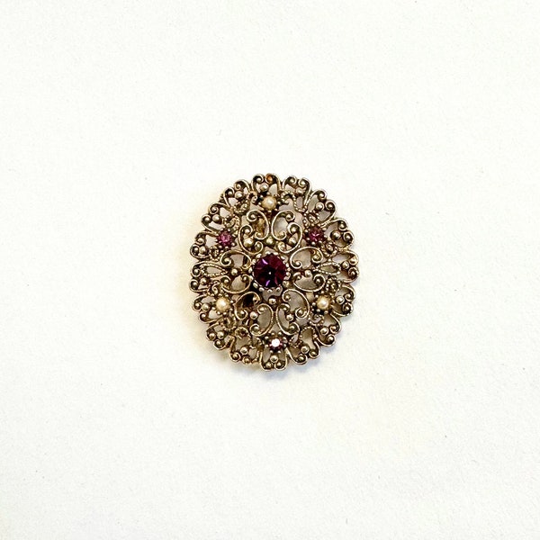 Vintage Enchanted Gold Toned Brooch with Pink Stones and Pearls
