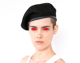Handmade Black Wool Beret Hat with Dust Bag