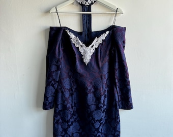 1980s Vintage Navy Off-Shoulder Dress with Collar and White Lace