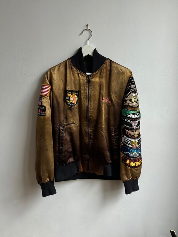 One of a Kind Upcycled Distressed Satin Bomber Ja… - image 1