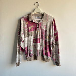 Vintage Patchwork Floral Long Sleeve Polo Size Medium