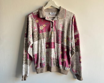 Vintage Patchwork Floral Long Sleeve Polo Size Medium