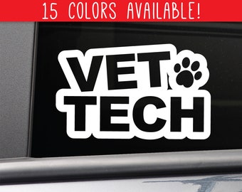 May include: A white sticker with the words "VET TECH" in bold, black letters. A paw print graphic is next to the word "TECH". The text "15 COLORS AVAILABLE!" is in a red banner at the top.